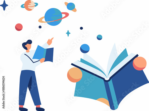 A young man reads a book and imagines a vibrant space scene