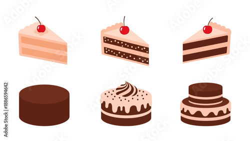 Assorted cake slices and whole cakes with cherries, beautifully illustrated in a digital artwork from a front viewpoint