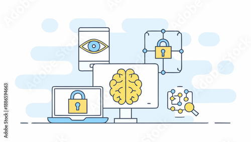 Digital security illustration featuring a brain laptop phone and lock icons