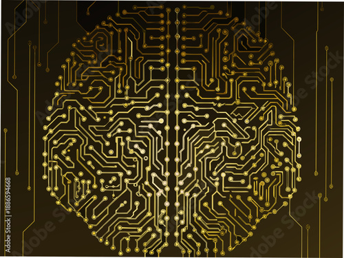 A golden brain constructed from intricate circuit board lines and connections