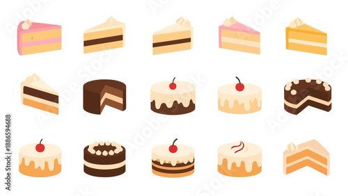 Assorted cakes and pastries displayed on a white background, viewed from directly above, showcasing various desserts