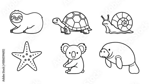 Animal Cartoon Set: A captivating array of endearing animal cartoons, showcasing a sloth, turtle, snail, starfish, koala, and manatee.