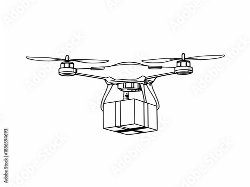 A line art illustration of a delivery drone carrying a package