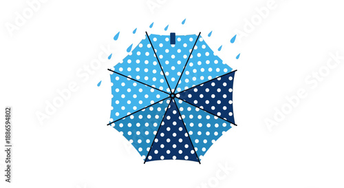 Blue polka dot umbrella with raindrops on white background