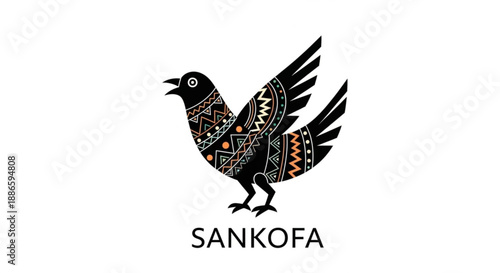 Vibrant sankofa bird logo with traditional african patterns on white background