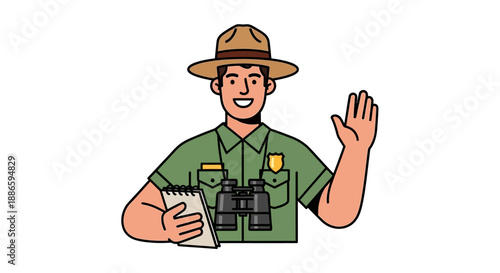 Smiling park ranger with binoculars and notebook in cartoon style