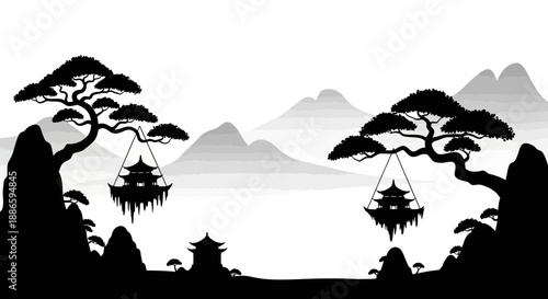 Serene Japanese Mountain Landscape with Floating Pagodas and Bonsai Trees