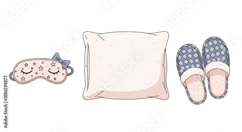 Cozy bedroom essentials with pillow, sleep mask, and slippers