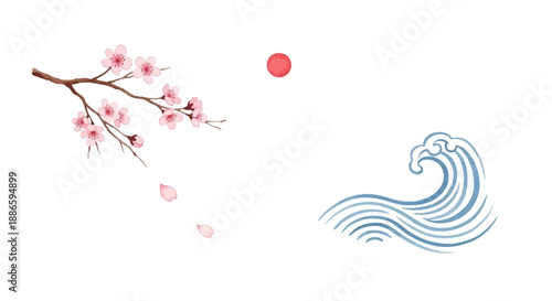 Harmonious Japanese-inspired illustration featuring delicate cherry blossoms, a symbolic red sun, and majestic ocean waves, embodying timeless natural beauty and cultural peace