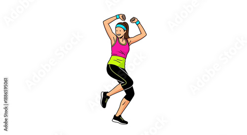 Energetic woman dancing in colorful fitness attire on white background