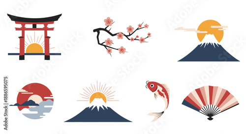 Collection of Japanese Culture Icons Featuring Torii Gate, Cherry Blossoms, Mount Fuji, and Koi Fish