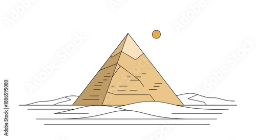 Minimalist illustration of a pyramid with sun in desert landscape