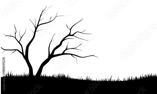 Bare Winter Tree Silhouette with Grass Vector, Dead Branch Landscape Illustration, Minimalist Nature Background, Spooky Halloween Forest Element, Outdoor Scenery Graphic Isolated on White