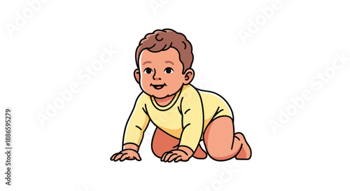 Cute baby crawling in yellow onesie on white background