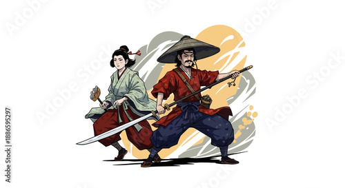 Two Samurai Warriors Standing Ready with Swords and Traditional Japanese Attire