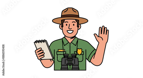 Friendly park ranger cartoon character with binoculars and notebook