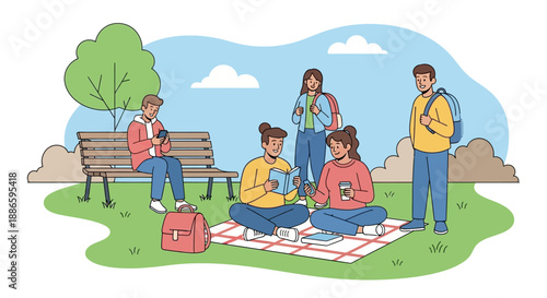 A group of young adults enjoying a pleasant picnic in a park, relaxing on a blanket and sitting on a bench while reading and using their phones