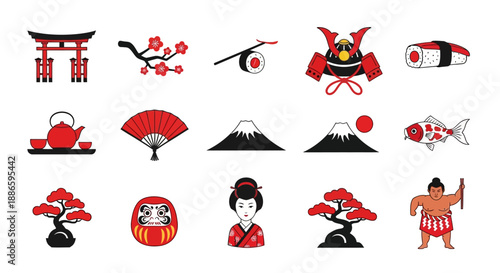 Collection of Japanese Cultural Symbols and Icons Featuring Traditional Elements