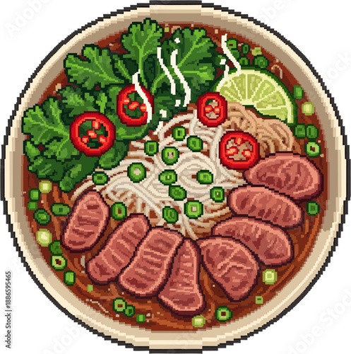 Pixel art representation of a delicious bowl of pho noodle soup, a popular Vietnamese dish, with beef slices and fresh garnishes