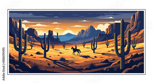 Sunset landscape with cacti and lone rider in desert illustration
