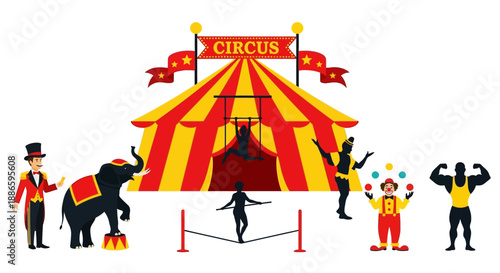 Colorful Circus Scene with Performers and Tent on White Background