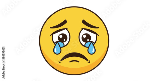 Sad crying emoji with tears on white background