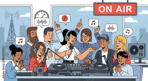 Group of happy people dancing and listening to music in a radio studio with dj equipment