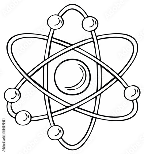 Atom illustration with orbiting particles around a central nucleus design