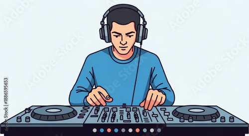 Young man wearing headphones and operating a dj mixer console with buttons and knobs