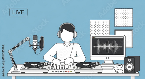 Dj live streaming music on computer with headphones and turntables
