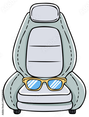 Cartoon Car Seat with Blue Sunglasses Resting on the Cushion in a Fun and Casual Style
