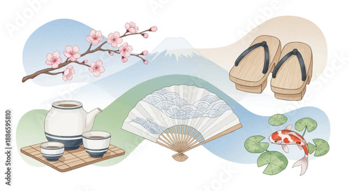 Artistic array of Japanese culture symbols Mount Fuji, cherry blossoms, traditional tea set, elegant folding fan, classic geta sandals, and a peaceful koi fish