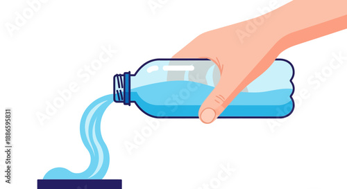 Hand pouring water from plastic bottle into a glass on white background