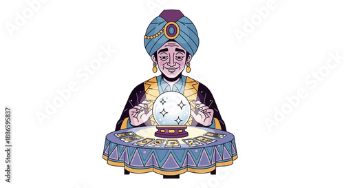 Fortune teller with crystal ball and tarot cards illustration