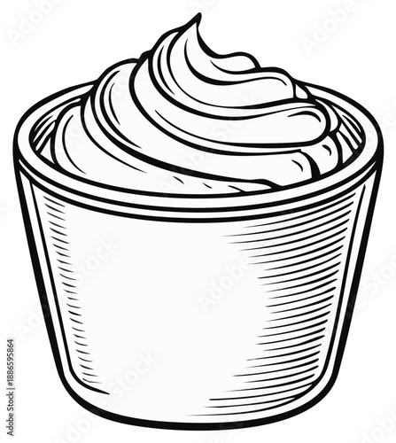 Black and white illustration of a small cup filled with whipped cream or frosting