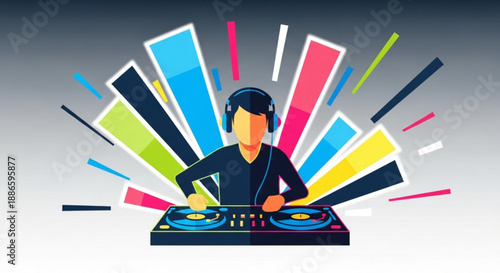 Dj mixing music on turntables with colorful abstract background