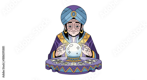 Cartoon fortune teller with crystal ball and tarot cards