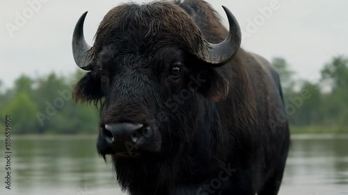 Wading dark bovid moving toward camera through shallow water after facing camera, with curved horns