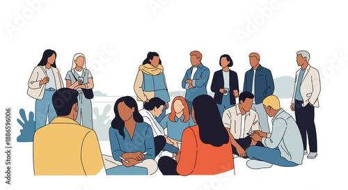 An inclusive gathering of diverse individuals fostering connection and dialogue, representing community support and collaborative problem-solving