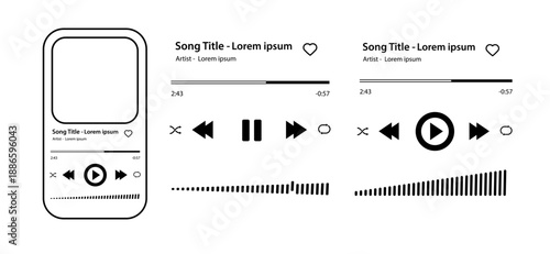 Music player Song plaque with buttons loading bar equalizer sign sound wave and frame for album photo. Trendy music player interface . Vector
