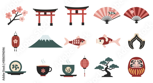 Collection of Japanese cultural symbols and icons on a white background, perfect for travel or cultural presentations