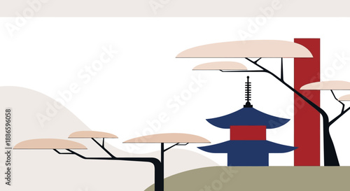 Stylized Japanese Pagoda surrounded by minimalist trees and soft hills evoking a serene and tranquil landscape