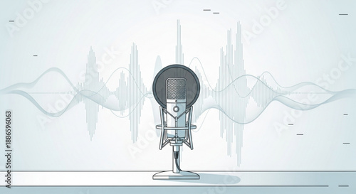 Vintage microphone on stand with sound wave pattern background recording studio equipment