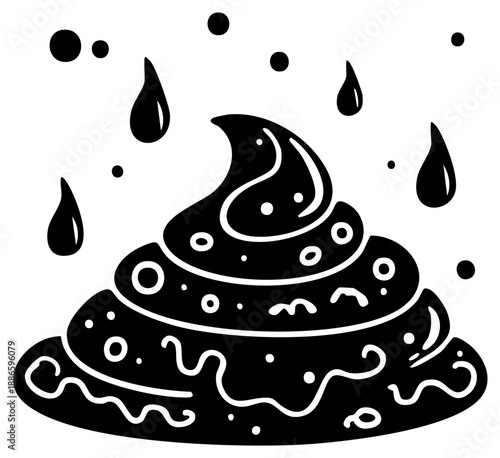 Cartoon drawing of poop with drops symbolising rain or sweat, black and white style