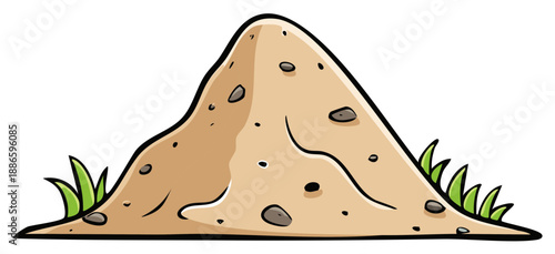 Sand pile with grass, cartoon illustration of earth, dirt and stone