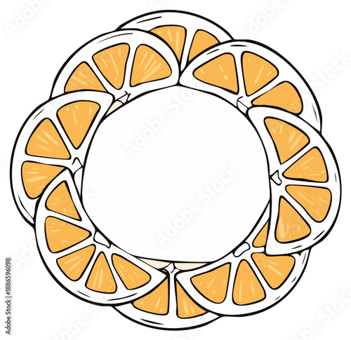 Circular arrangement of fresh orange slices creating a vibrant citrus frame