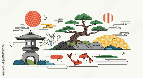 Serene Japanese Garden Landscape Illustration with Traditional Stone Lantern, Bonsai Tree, and Koi Fish - Tranquil Asian Cultural Art