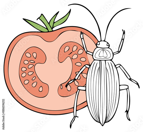 Simple line art illustration of a beetle insect pest on a sliced red tomato