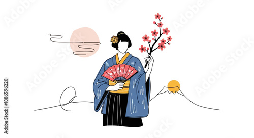 Traditional Japanese Woman in Kimono Holding Fan and Cherry Blossoms with Mountain Fuji Background