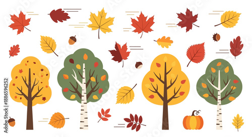 Autumn Trees and Leaves Illustration with Acorns and Pumpkin